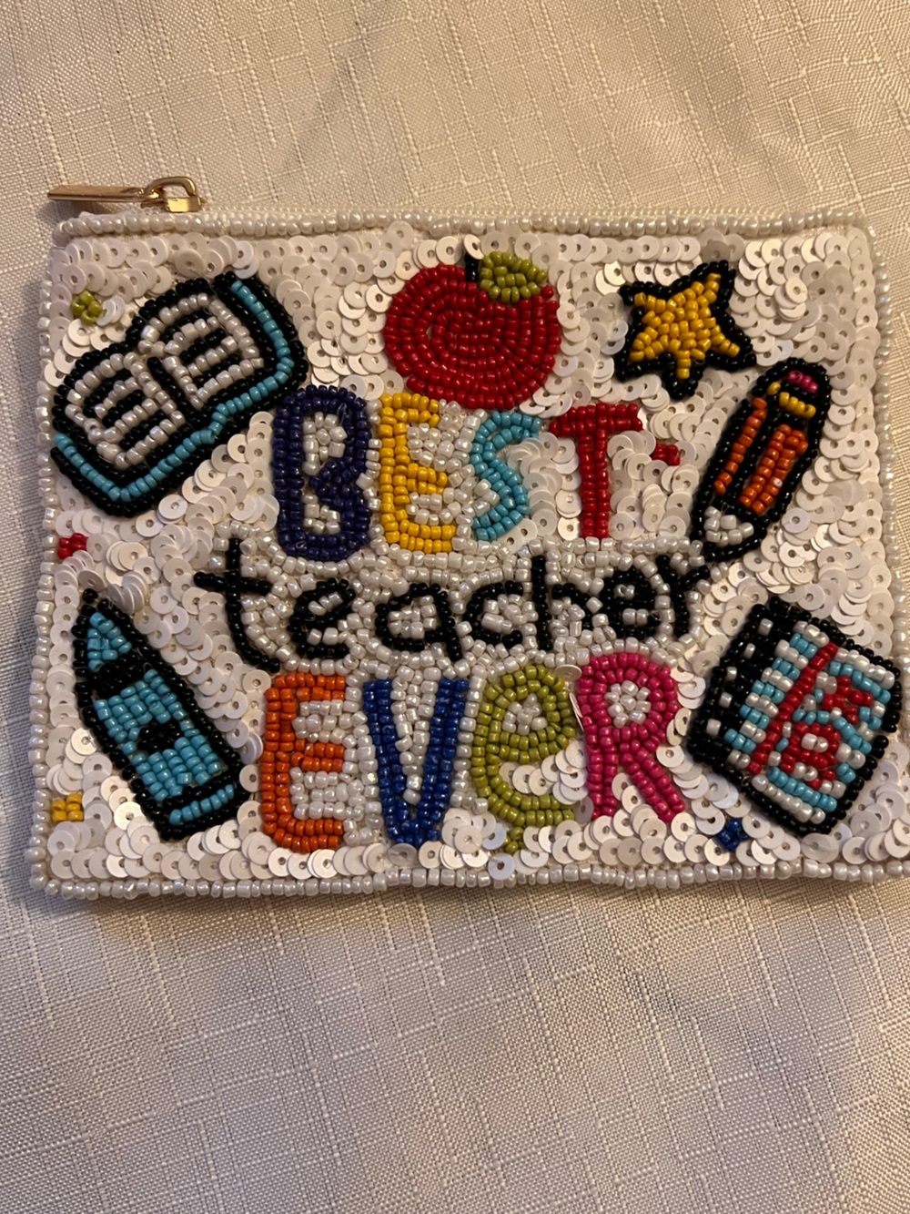 Best Teacher Ever Sequin Wristlet Pouch - White